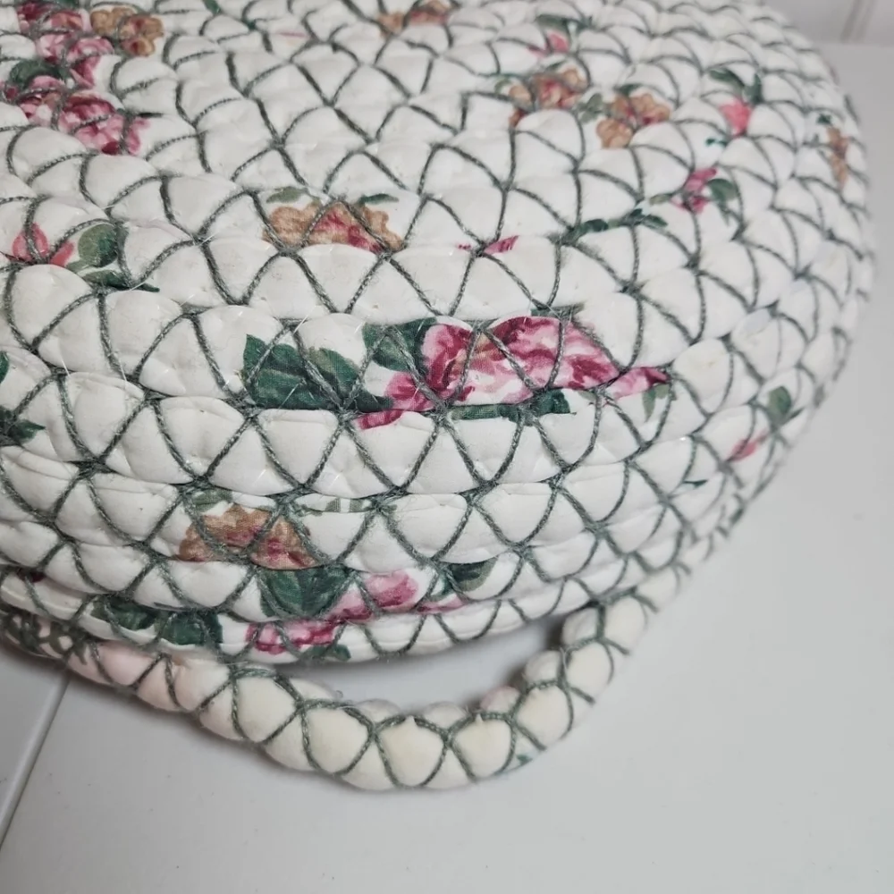 Vintage Braided Rag Rug Basket with Handles - Floral White Pink Green Tan